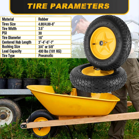 Beefy 16 Inch Pneumatic Wheelbarrow Tire And Wheel Set With 4.80/4.00-8 Size And 5/8 And 3/4 Inch Bearings on yellow wheelbarrow