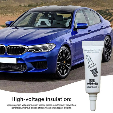 Tube of high voltage silicone grease for automotive use shown with a blue car, labeled 'Dielectric Lubricant For Electronics And Automotive Weatherproof Silicone Grease High Temperature Insulating Compound Anti Corrosion Sealant For Spark Plugs And Ignition Systems Keeps Electrical Contacts Smooth And Protected No Fuss.'