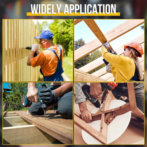 Four images showing tan deck screws in use: on a fence, a wooden frame, a deck, and an outdoor table.