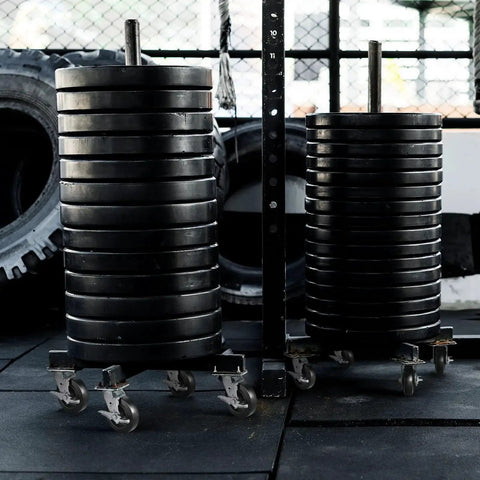 Heavy Duty 6 Inch Plate Caster Wheels With Rubber On Cast Iron Core, 1000 Lb Per Caster Capacity supporting stacked weights