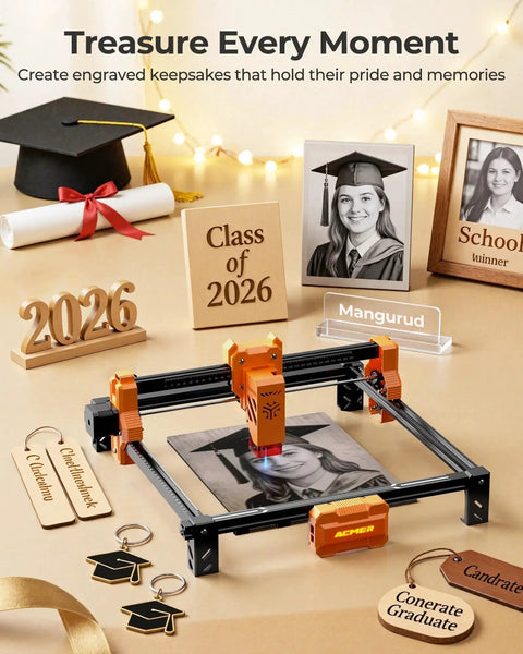 Ultra Powerful 7000mW Laser Engraver And Cutter With 300 By 300 Mm Working Area Delivers 0.01mm Precision For Wood, Metal, Acrylic, Leather, and DIY Projects Ideal For Education And Pro Makers ACMER engraving graduation gifts and keepsakes like keychains and plaques.