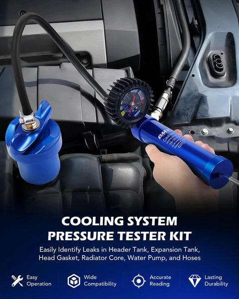 All-In-One 7-Piece Radiator Pressure Tester Kit With Aluminum Pump And 0-30 Psi Gauge in use on a vehicle cooling system
