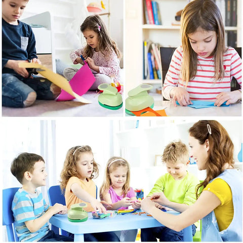 Children and teacher using 3 Inch Circle Hole Punch For Crafting And Scrapbooking Green Large Circle Punch for creative projects.