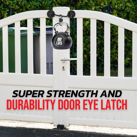 Heavy Duty 6 Inch Cabin Hook And Eye Latch With Safety Buckle on white gate with 80 lbs weight for super strength and durability