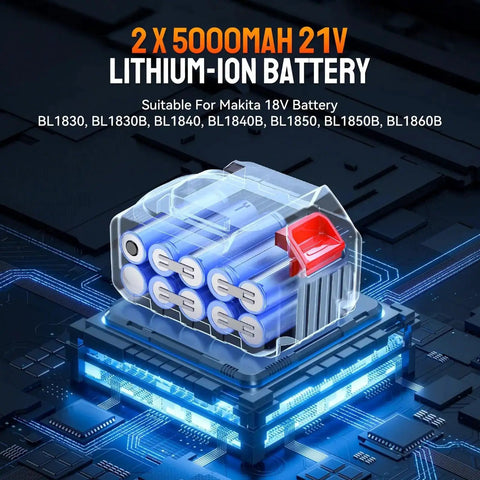 Two 5000mAh 21V lithium-ion batteries compatible with Makita 18V, used for Portable Cordless Brushless Rivet Gun