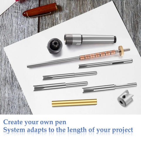 Pen Making Kit With Turning Mandrel And Barrel Trimming Set For Wood Lathe Morse Taper Number Two Shank Includes 7mm Drill Bit Cutter Head Sleeve Adapter Hex Key And Four Pilot Cutter Shafts And 9 Pieces For DIY Pen Making displayed on table