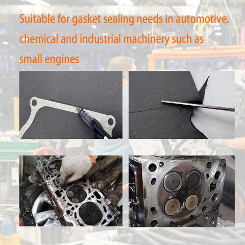 DVBB gasket sheet non asbestos material, 15 x 11.8 in, grey sheet with mounting holes, front view
DVBB gasket material being cut, top-right close-up showing knife cutting through sheet
Gloved hands install DVBB gasket material on engine cylinder head during rebuild
Engine cylinder head with valve openings and pistons, gasket area shown after cutting