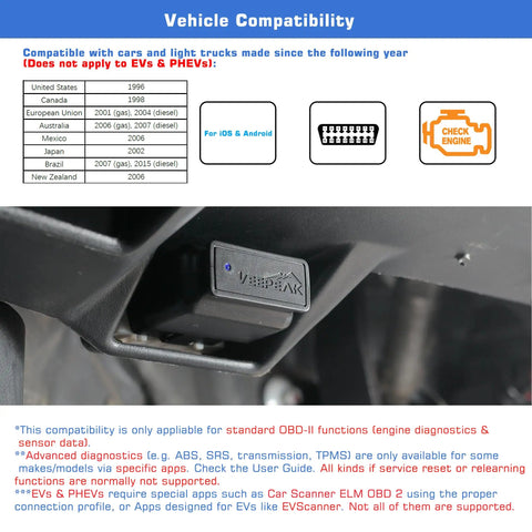 OBD II Bluetooth Scanner for iOS and Android With Wireless Check Engine Light Code Reader and DIY Car Diagnostic Tool for Gearheads by Veepeak showing vehicle compatibility.
