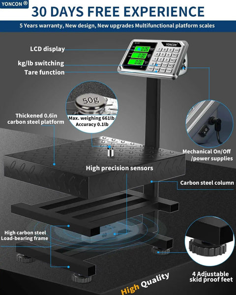 Pro Grade Digital Platform Scale For Packages And Luggage, 661 Lb Capacity, 0.1 Lb Precision, Commercial Scale With Price Computing