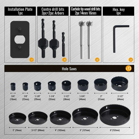 All In One Hole Saw Kit With 23 Pieces From Three Quarter Inch To Six Inch For Soft Wood Plastic PVC Drywall Includes Arbors Center Bits Installation Plate Carbide Forstner Bits Hex Key And Storage Case components displayed