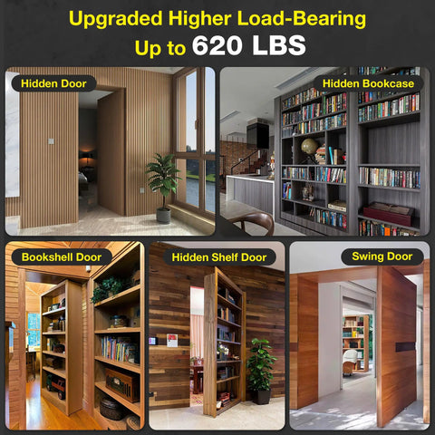 Hidden Door Hinge Kit With 620 Lbs Load Bearing Heavy Duty Stainless Steel Pivot Hinge 360 Degree Rotation Black Invisible Hardware For Secret Doors And Hidden Bookcase Doors, showcasing installed hidden doors and bookcases.