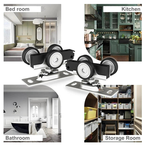 4 Piece Bypass Door Track Roller Kit for Sliding Wardrobe Closet Doors with screws, shown in bedroom, kitchen, bathroom, storage room.