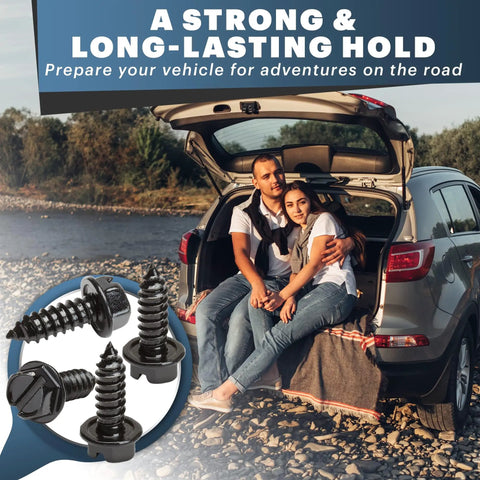 Rustproof License Plate Screws For US Domestic Vehicles Stainless Steel Bolts For Ford Chevy Dodge GMC Jeep Cadillac And Other US Brands 8 Pack Black shown with couple sitting by car
