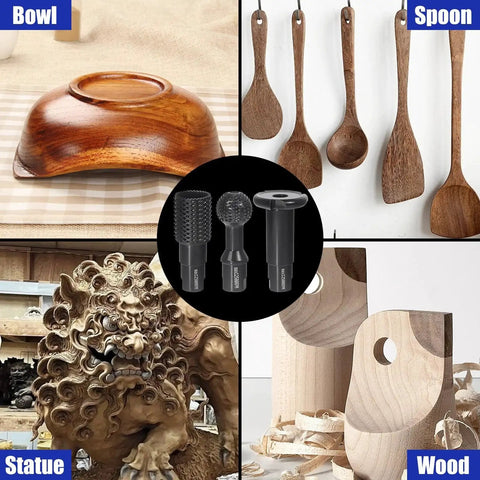 3 Piece Pro Grade Upgraded Wood Grinder Ball Gouge Set With 5/8-11 Threads For 4.5 And 5 Inch Angle Grinders Sphere Rotary Burr Carbide Steel Electric Wood Carving Tools For Hollowing, Slotting, Shaping, Grooving And Roughing Out Wood displayed with carved wooden items like bowls, spoons, statues.