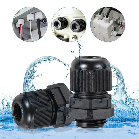 30 Pcs M25 Cable Gland Set For 12 To 15mm Wire Holes Waterproof Nylon Joint showing waterproof performance and installation examples