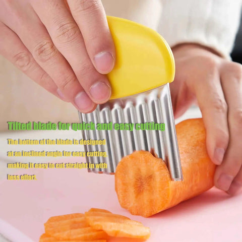 Person using 4 Pcs Crinkle Cutter Set For Fries And Veggies With Waffle Wave Fry Cutters, Stainless Steel Chopper on a carrot.