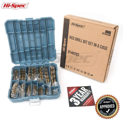 Versatile 99 Piece Drill Bit Set For Metal Wood Plastic With Storage Case And SAE High Speed Steel Bits 1 Sixteenth To 3 Eighth Inch For Diyers Drills Drywall And More For A Complete Home Workshop, shown with open storage case and packaging box.
