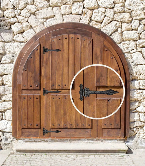 Wooden door with Two Piece Gate Hinge Set For Wooden Fences Heavy Duty Black Matte Finish Cast Iron Outdoor Barn Hinges visible on side