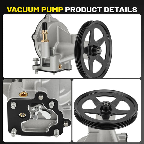C-Tzu brake vacuum pump with large black pulley, front view, gray housing

Close-up of pump mounting flange with bolt holes on vacuum pump

Black pulley wheel with five spokes for brake vacuum pump