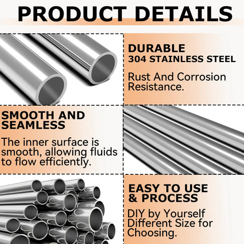 2Pcs 5/8 in. OD x 10 in. 304 stainless steel round tubes, thick-walled and weldable.