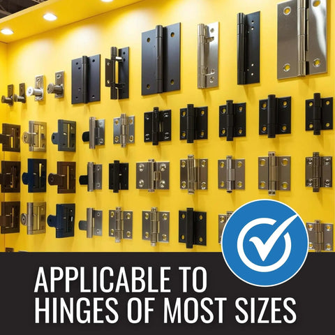 Wall display of various door hinges sizes for 4 In 1 Door Hinge Wrench Set Red Heavy Duty Adjustment Tool With 10 Inch Handle For Residential Hinges Precision Gap Bender Easy Door Alignment And Fast Fix For Repair And Installation.
