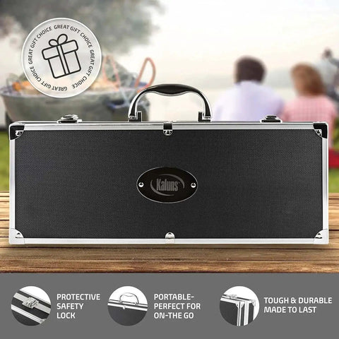 21 Piece Heavy Duty Stainless Steel BBQ Tool Set With Apron And Aluminum Case, closed case on picnic table, focus on handle and lock