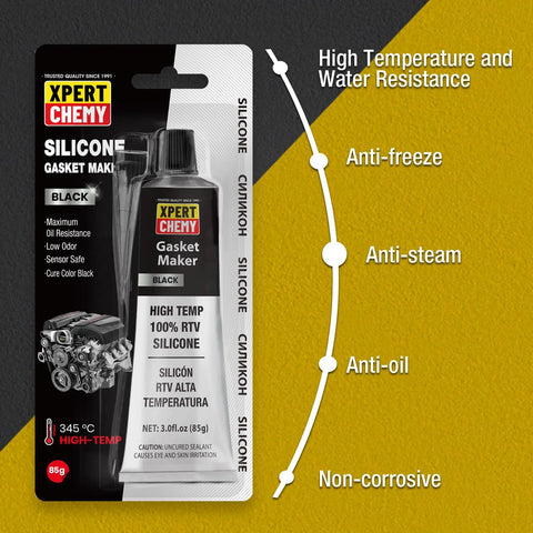 XPERT CHEMY silicone gasket maker, high-temp black RTV sealant for automotive engines and gearboxes, 85 g tube