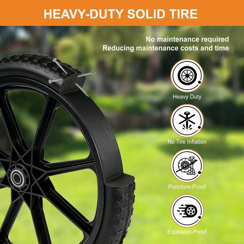 Close-up of 20 Inch Flat Free Wheel And Tire For Wheelbarrow And Garden Cart Replacement Pack Of 2 with heavy-duty design.