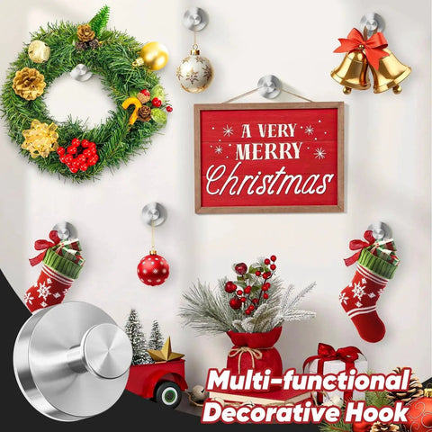 Removable Suction Cup Hooks For Shower And Bathroom Wall showcasing Christmas decorations on white wall with festive wreaths and bells.