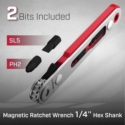 Must Have Compact Magnetic One Quarter Inch Mini Ratchet Wrench With 90 Degree Right Angle Screwdriver showing included SL5 and PH2 bits.