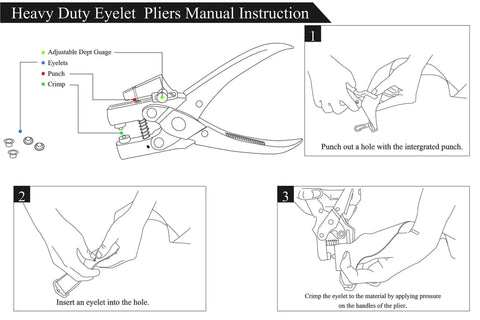 Instruction manual for All In One Grab And Go Eyelet Grommet Pliers Kit With 1 Hole Punch and 100 Gold Grommets for crafting use.