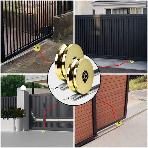 Collage of gates using 2 pack 6 inch V groove wheels with solid steel sliding wheel and sealed bearings for security gates