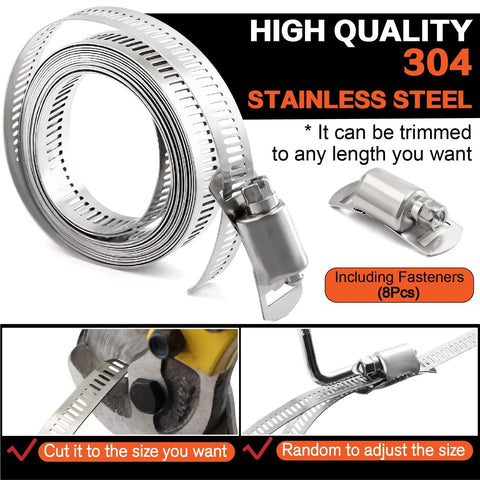 185-piece 304 stainless steel worm gear hose clamp kit with 10 ft strap and fasteners for automotive, plumbing, marine