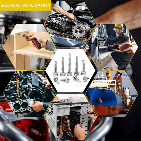 Application of 160 Piece Hex Washer Head Self Drilling Screws Set In 410 Stainless For Metal Wood And Plastic Self Tapping TEK Screws