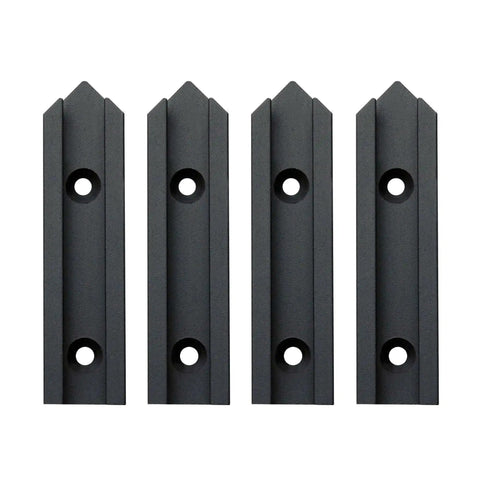 Four black pieces of the Beefy Aluminum T Track 3 Inch Intersection Kit for Woodworking Double Cut Profile with Pre Drilled Mounting Holes visible.