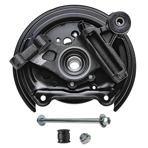 Rear Steering Knuckles For 2001 To 2008 Subaru Forester With Rear Disc Brakes Two Piece Replacement Kit Includes Two Knuckles And Wheel Bearing Hubs Assembly OEM Quality Fits 2002 2003 2004 2005 2006 2007, showing front view of knuckle and hub.