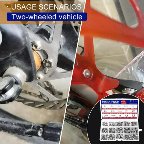 440 Piece Flat Hex Socket Head Cap Screws Kit In 304 Stainless Steel M3 M4 M5 Metric Threads, usage on bike, kit displayed