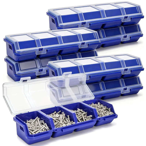 6 Pack Screw Organizer Box With Lid For Garage And Workshop Four Compartments Small Parts Bins filled with screws.