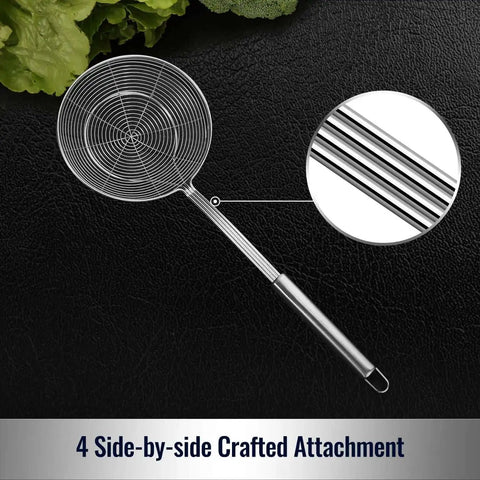 Solid Stainless Steel Spider Strainer Skimmer Ladle For Cooking And Frying with detailed wire attachment view