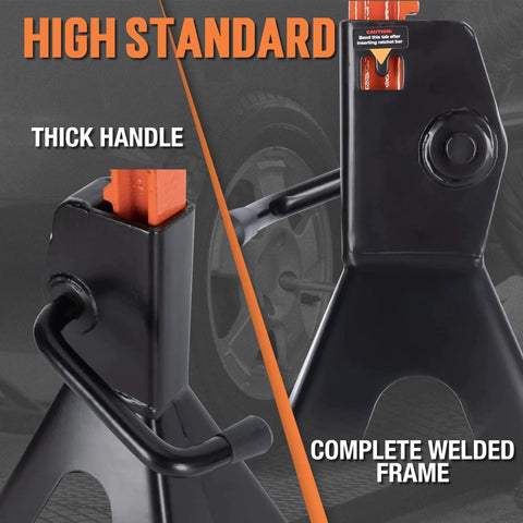 Close-up of 3 Ton Heavy Duty Jack Stands With Self Locking Ratchet, 13.39 To 21.06 Inches featuring thick handle and welded frame.