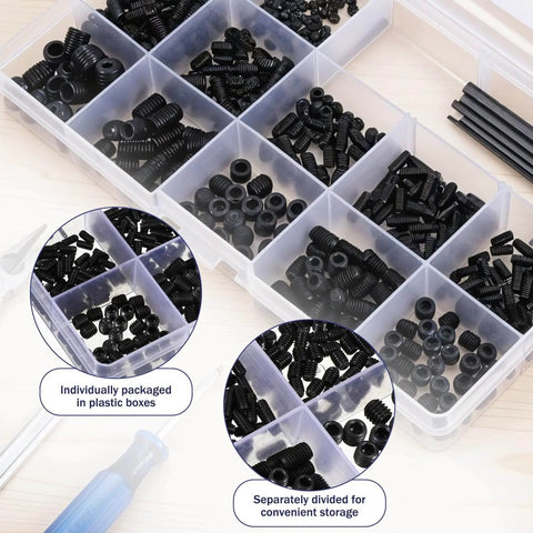 Alloy Steel Socket Hex Set Screw Kit With Cup Point Allen Head Grub Screws, Metric M3 To M8 And SAE One Eighth Inch To Five Sixteenth Inch Threads, 1000 Piece Assortment For Door Knobs Faucets Plumbing And DIY Hardware Installations, organized in plastic storage box.