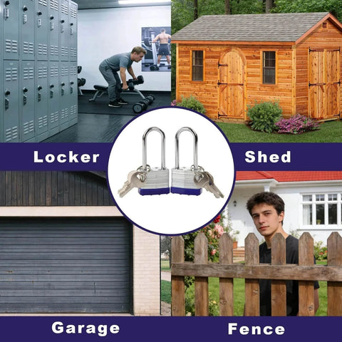 Two Pack Heavy Duty Padlocks Keyed Alike With Extra Long Two And Three Eighths Inch Shackle And Forty Millimeter Laminated Steel Lock Bodies, shown for lockers, sheds, garages, and fences.