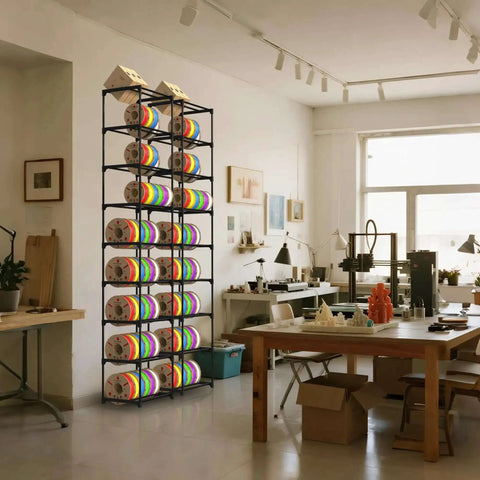 High Capacity 54 Spools Of 1kg 3D Printer Filament Storage Rack with Heavy Duty Metal Spool Holder in a home office workshop.