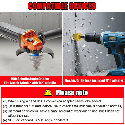 Three In One Diamond Core Drill Bit With M10 Adapter installed on angle grinder and electric drill, fits half inch chuck