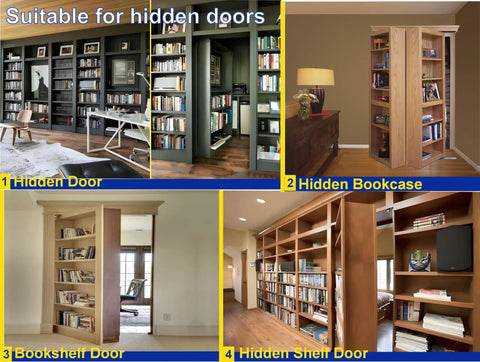 Various installations of the Hidden Pivot Door Hinge Set for Bookcases and Murphy Doors, showcasing different hidden door designs.