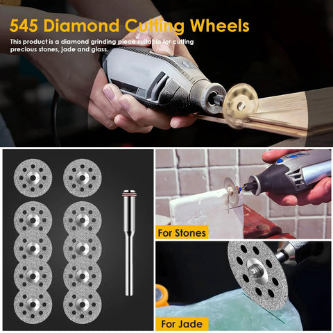 Close-up of 545 diamond cutting wheels for stones and jade with rotary tools, showcasing performance and use.