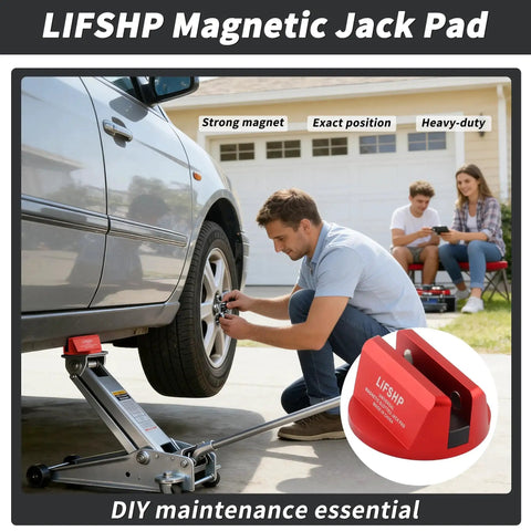 Universal Aluminum Grooved Magnetic Jack Pad With Nylon Pad Insert for Cars, SUVs, Trucks and Sedans, red, installed under car.