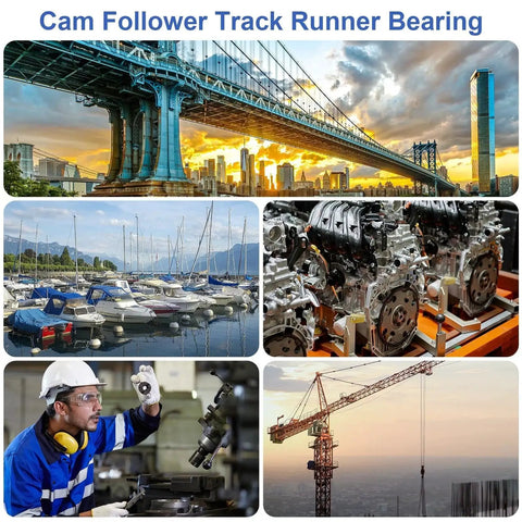 Collage of uses for Cam Follower Needle Roller Bearing In SUS304 Stainless Steel, KR13 CF5 Miniature Track Roller in various industries.