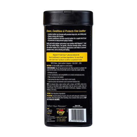 Back view of Gold Class Leather Wipes For Cars All In One Leather Cleaner Conditioner And Protector With Aloe Moisturizers 25 Large Wipes Winter Ready Car Care Essentials, showcasing product details.