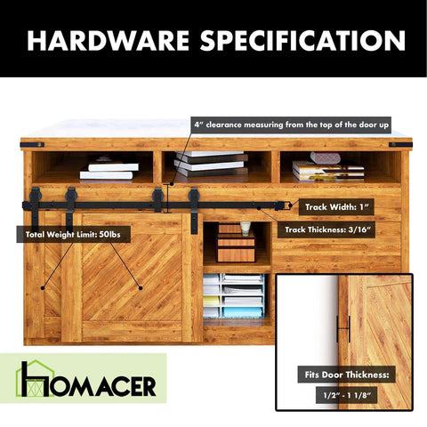 Mini Black Rustic Bypass Sliding Barn Door Hardware Kit For Two Doors, 36 Inch Flat Track Plus Bent Roller Pair on cabinet